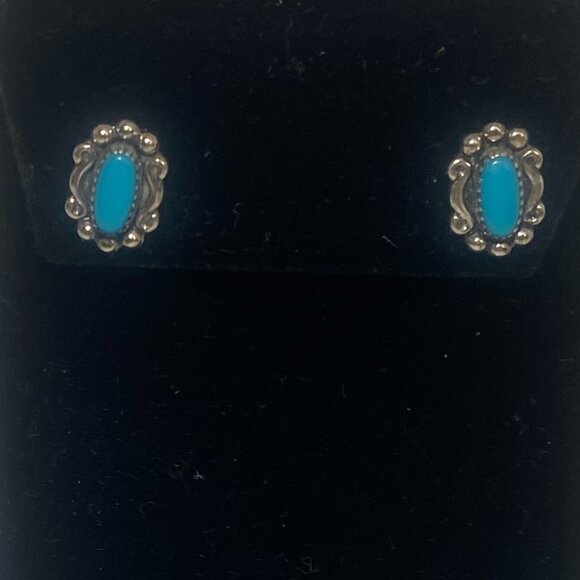 Vintage 80's Native American Turquoise Earrings  with Engraving and Blackening - Picture 1 of 6